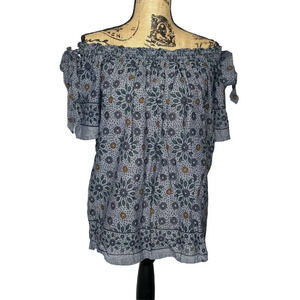 Ann Taylor Loft Women’s Denim Chambray Floral Print Off Shoulder Blouse Sz‎ LP